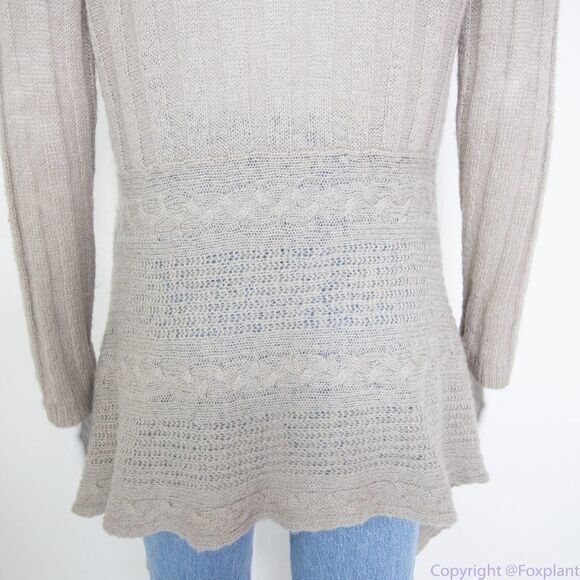 Cynthia Rowley wool blend open front shark bite hem light brown cardigan, L - Picture 7 of 15